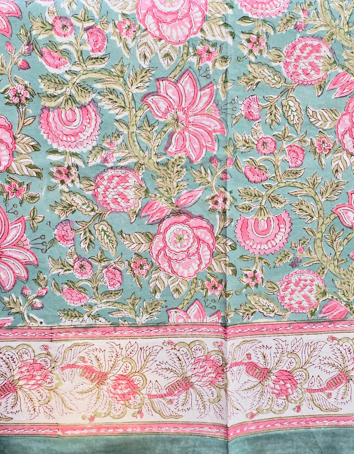 Green Pink Bloom Hand Block Printed Table Cloth - Ohana Earth
