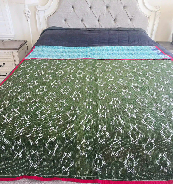 Green Hand-Embroidered Cotton Kantha Quilt - Ohana Earth