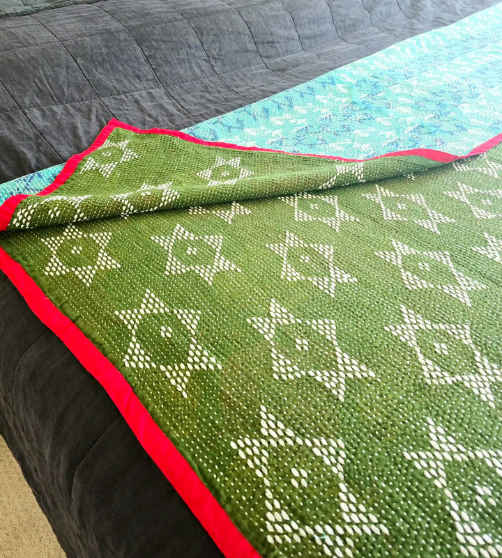 Green Hand-Embroidered Cotton Kantha Quilt - Ohana Earth
