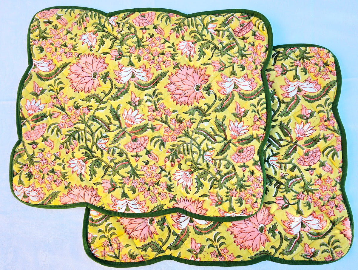 Yellow Floral Block Print Cotton Handmade Quilted Placemat - Ohana Earth