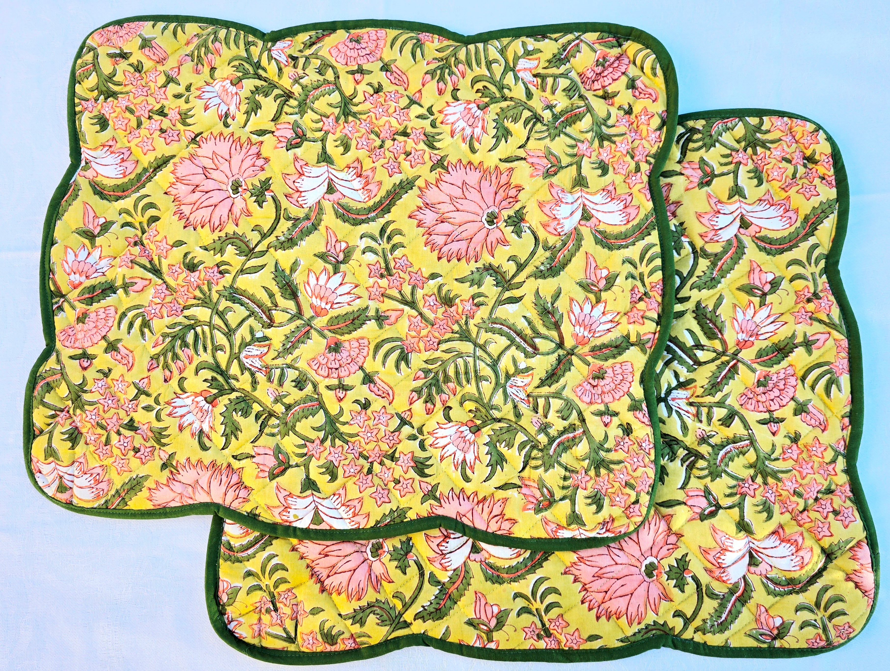 Yellow Floral Block Print Cotton Handmade Quilted Placemat - Ohana Earth