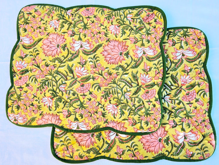 Yellow Floral Block Print Cotton Handmade Quilted Placemat - Ohana Earth