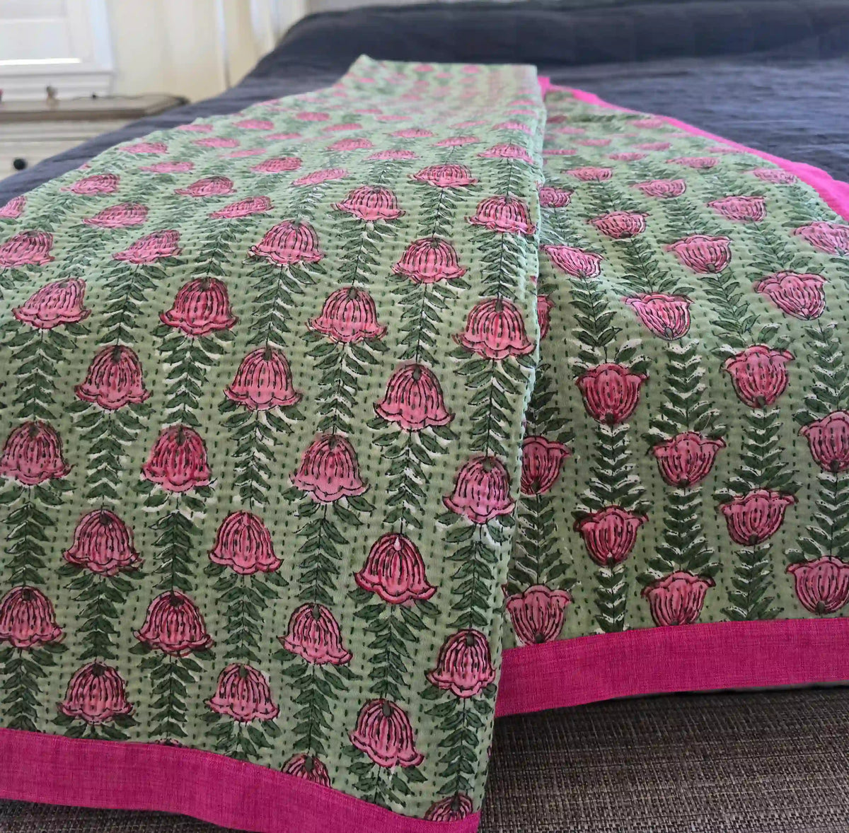 Green Pink Floral Handmade Kantha Throw - Ohana Earth