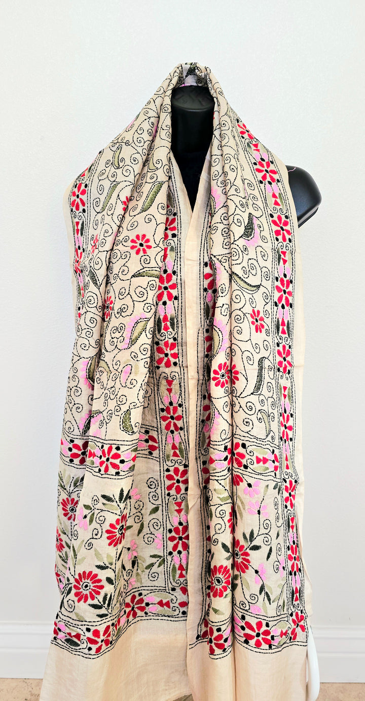 Hand Embroidered Kantha Silk Scarf - Beige and Green Floral Heritage Design - Ohana Earth
