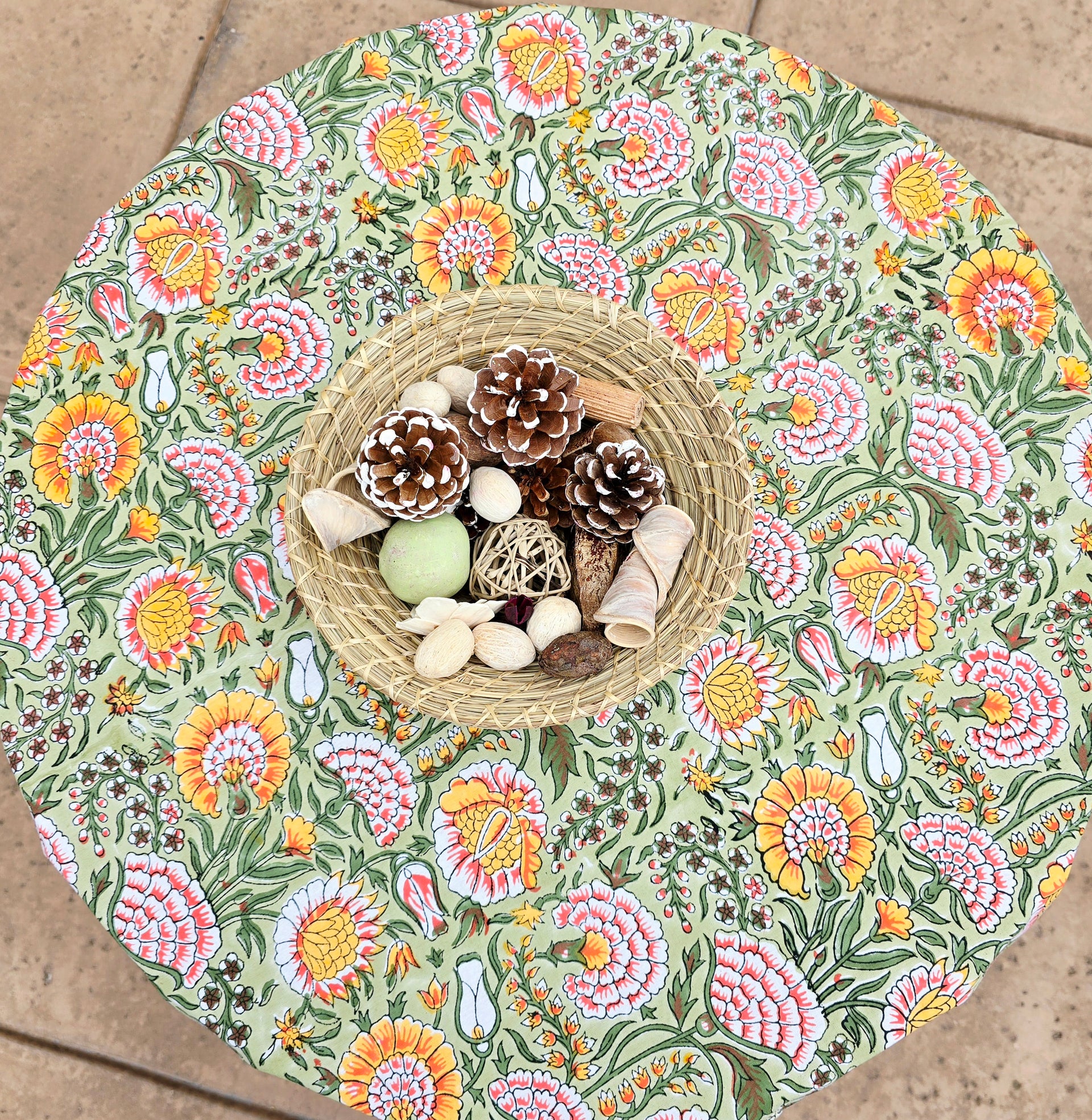 Round Block Print Cotton Table Cloth - Orange Floral Handmade - Ohana Earth