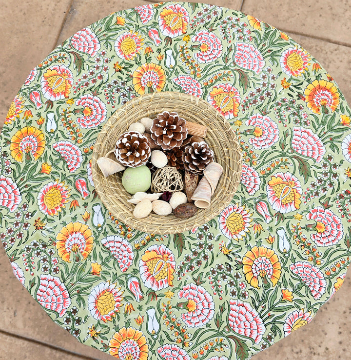 Round Block Print Cotton Table Cloth - Orange Floral Handmade - Ohana Earth