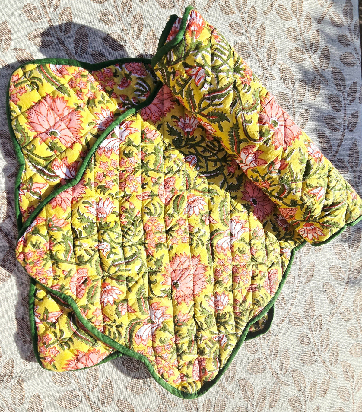 Yellow Floral Block Print Cotton Handmade Quilted Placemat - Ohana Earth