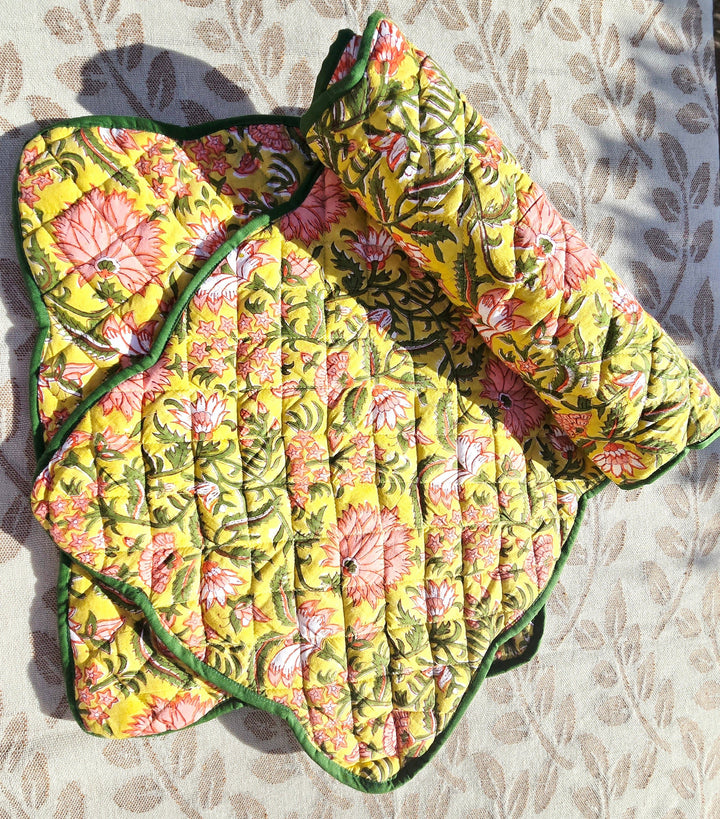 Yellow Floral Block Print Cotton Handmade Quilted Placemat - Ohana Earth