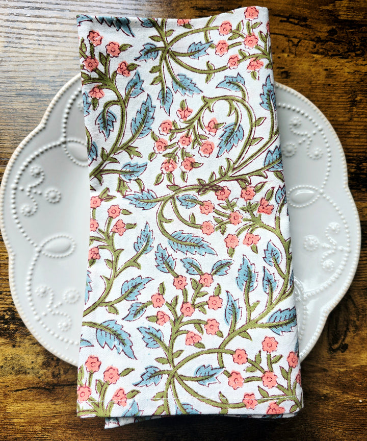 White Floral Block Print Cotton Napkins Set – Handmade Cloth Napkins - Ohana Earth