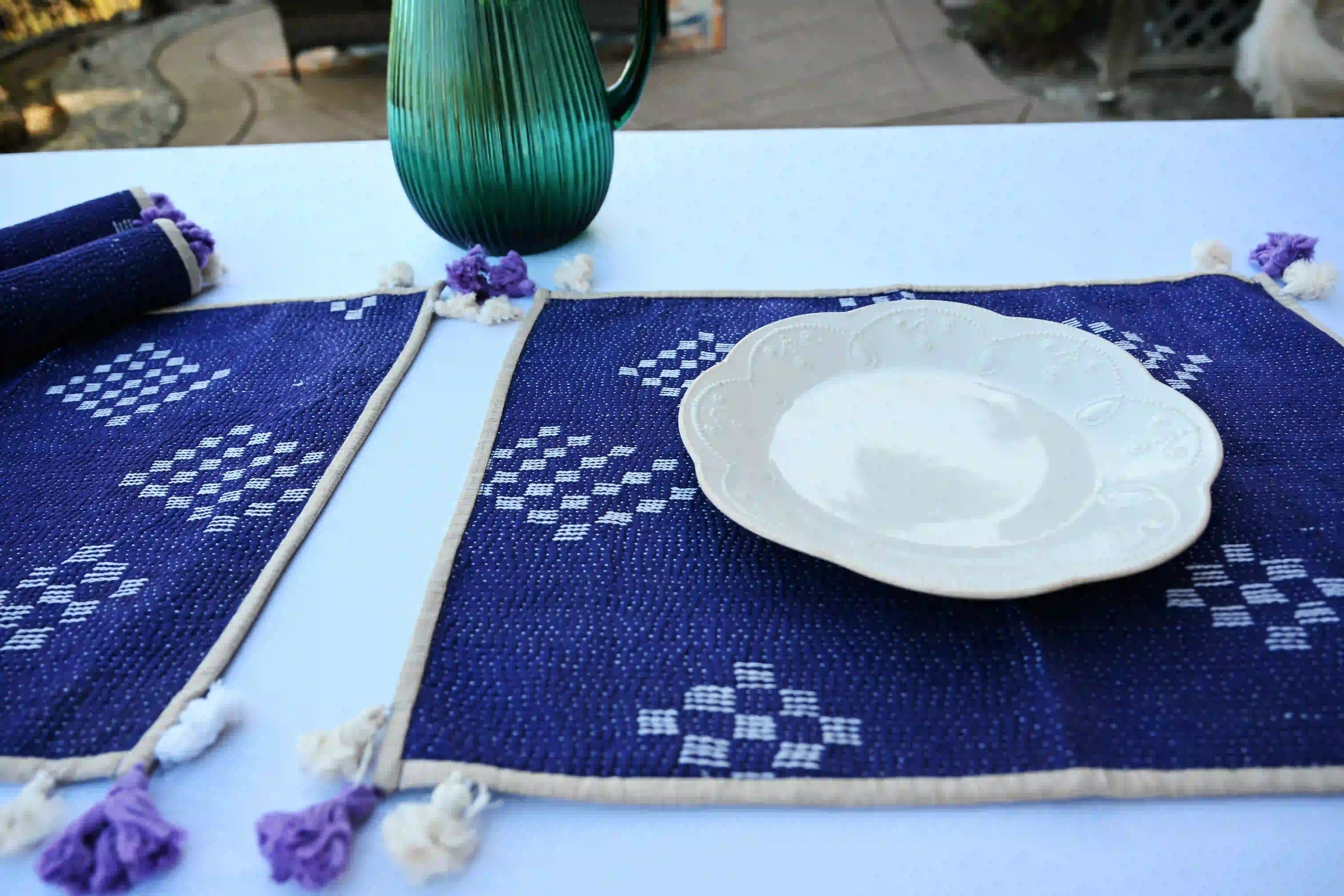 Blue Handmade Reversible Kantha Placemat Set - Ohana Earth