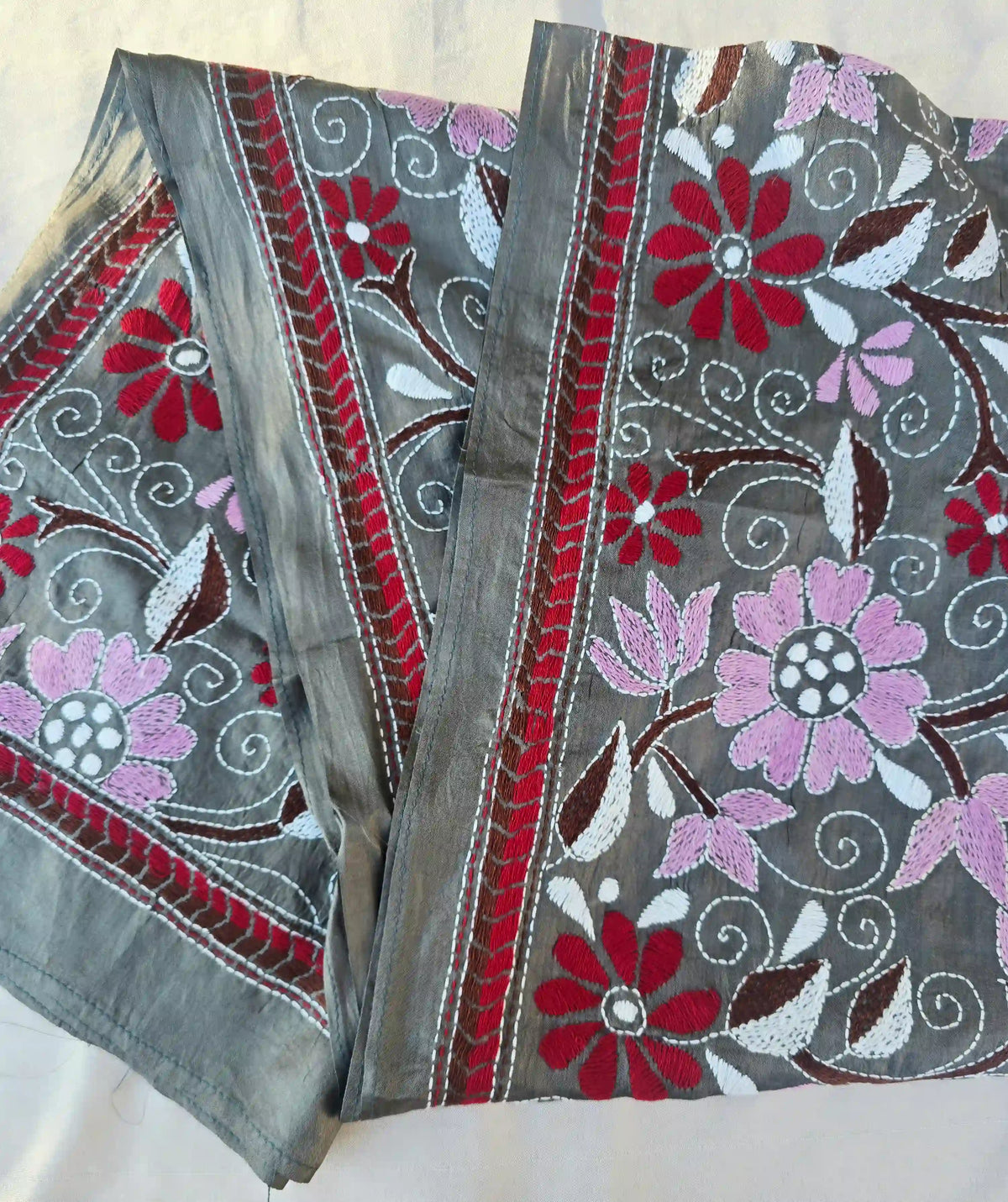 Hand Embroidered Kantha Silk Scarf - Grey Floral Heritage Design - Ohana Earth