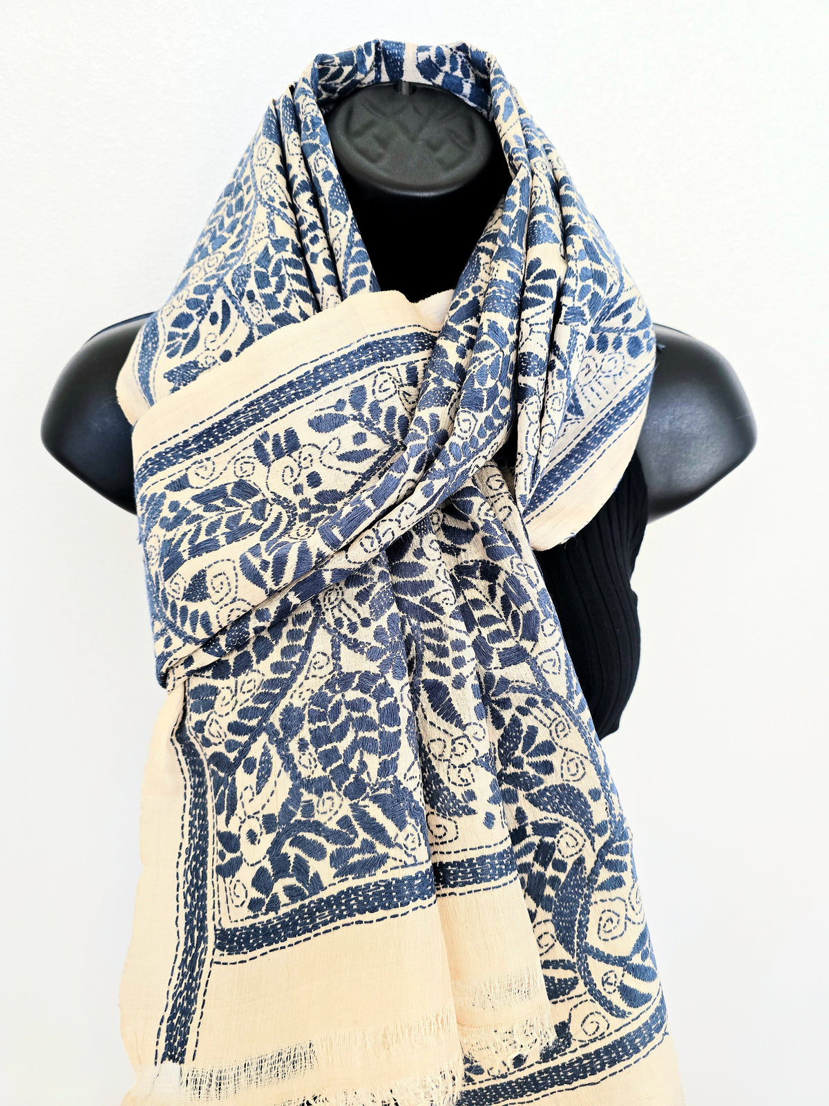 Hand Embroidered Kantha Silk Scarf - Beige and Grey Floral Heritage Design - Ohana Earth