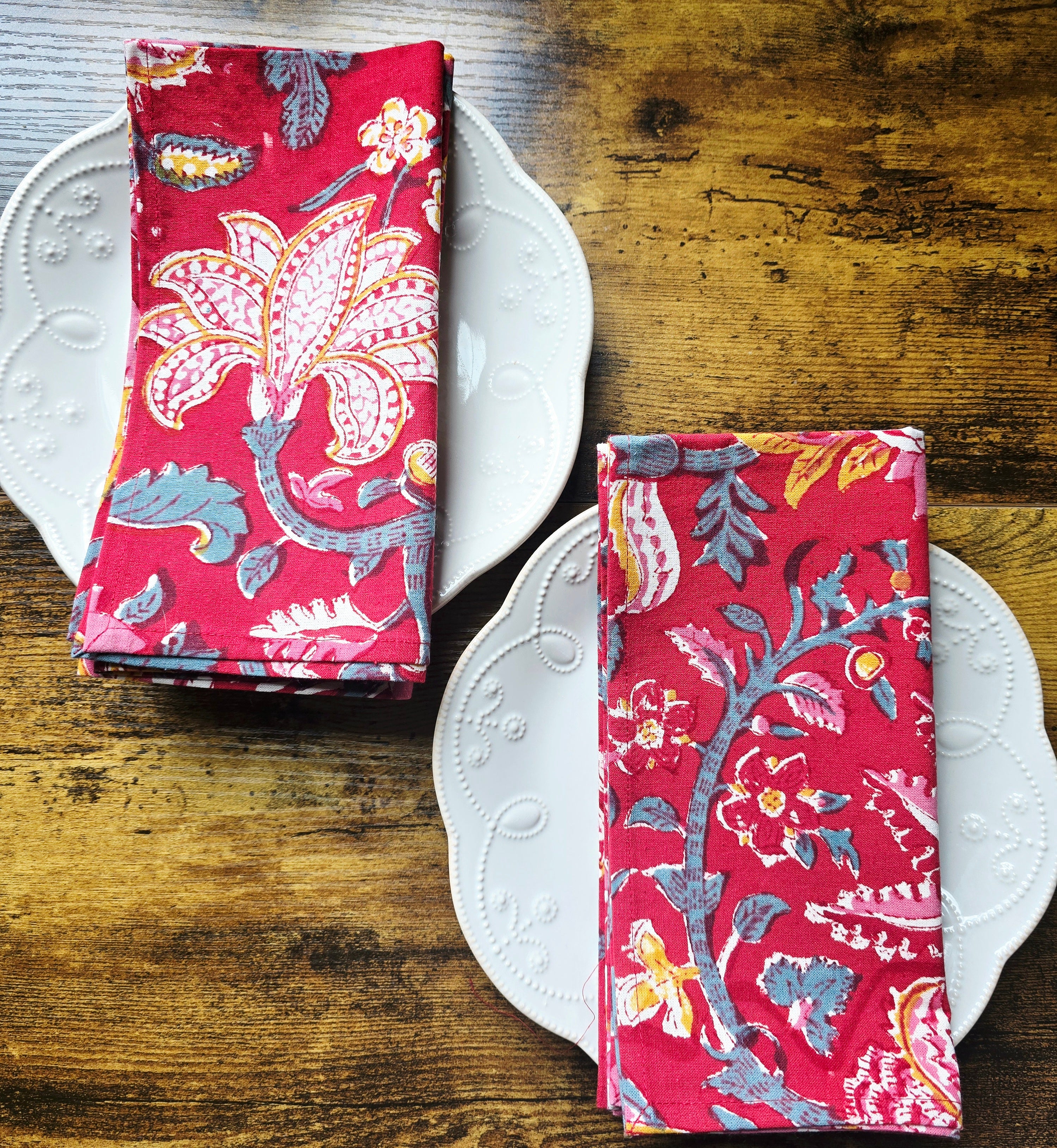 Red Floral Block Print Cotton Napkins Set – Handmade Cloth Napkins - Ohana Earth