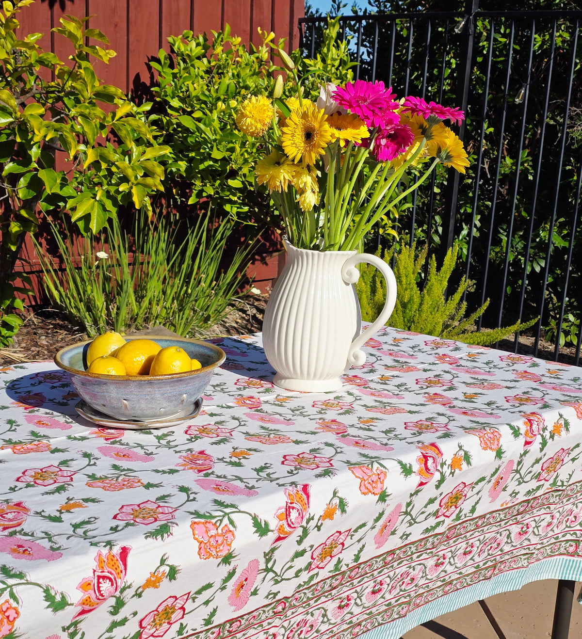 Orange Pink Flower Block Printed Table Cloth - Ohana Earth