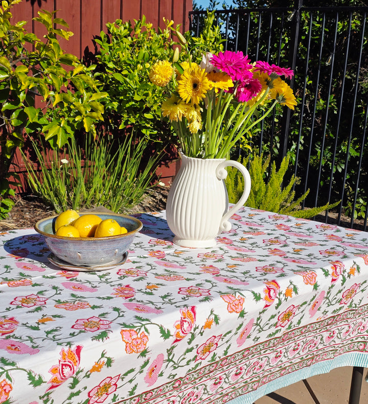 Orange Pink Flower Block Printed Table Cloth - Ohana Earth