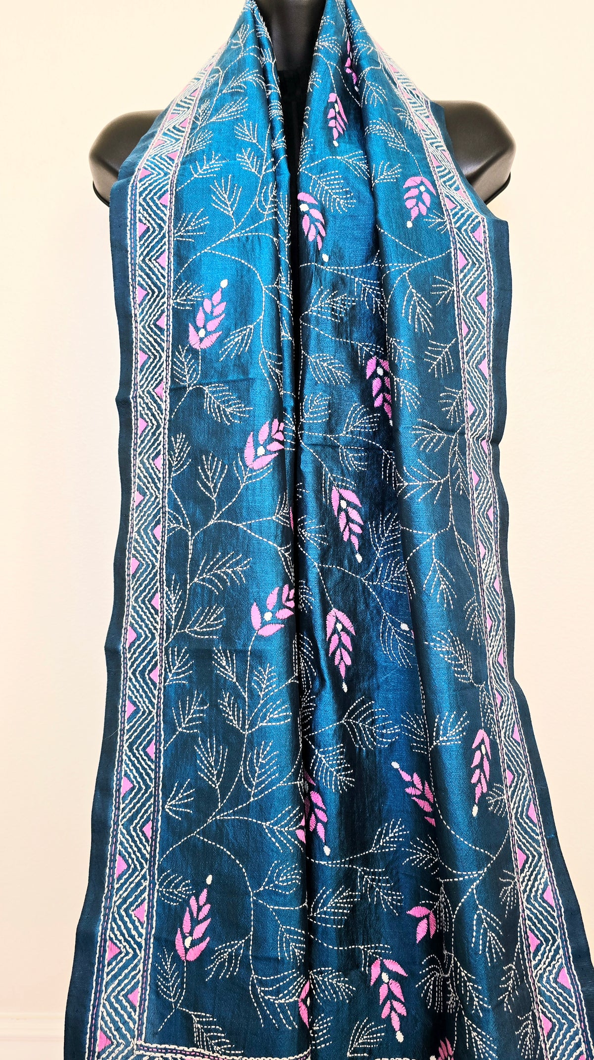 Hand Embroidered Kantha Silk Scarf - Blue Floral Heritage Design - Ohana Earth