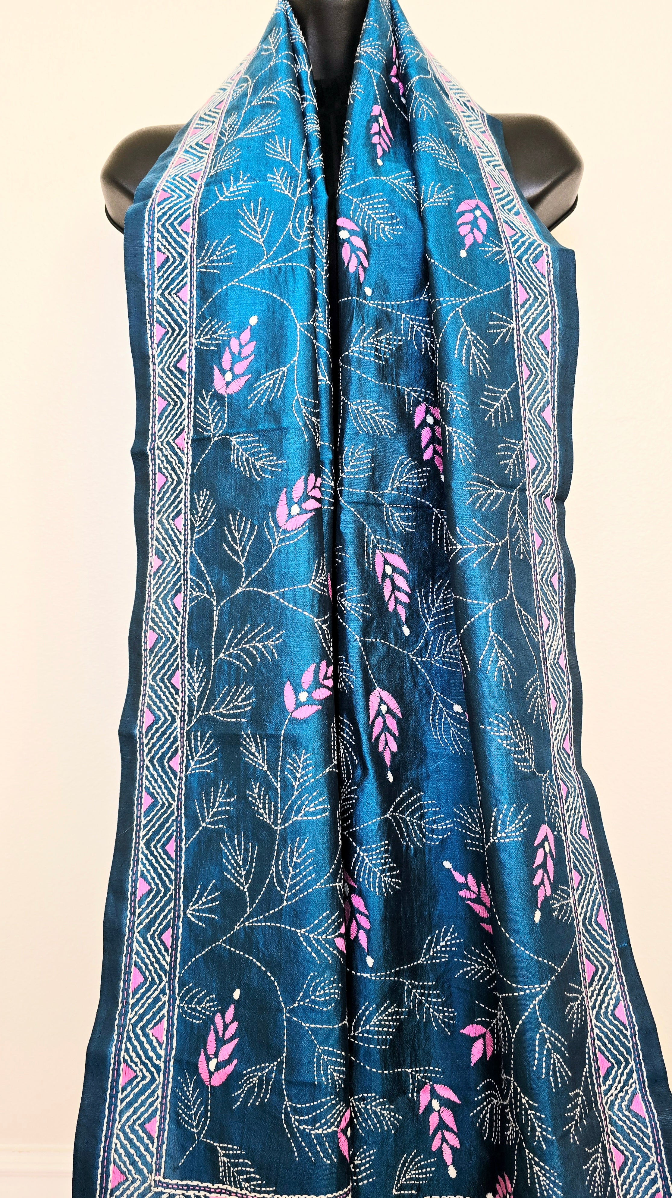 Hand Embroidered Kantha Silk Scarf - Blue Floral Heritage Design - Ohana Earth