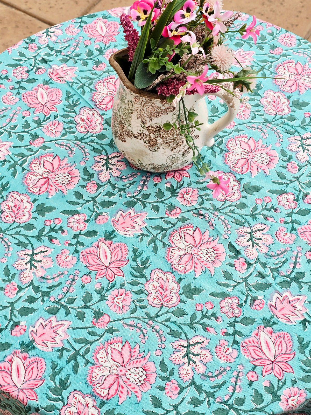 Round Block Print Cotton Table Cloth - Green Floral Handmade - Ohana Earth