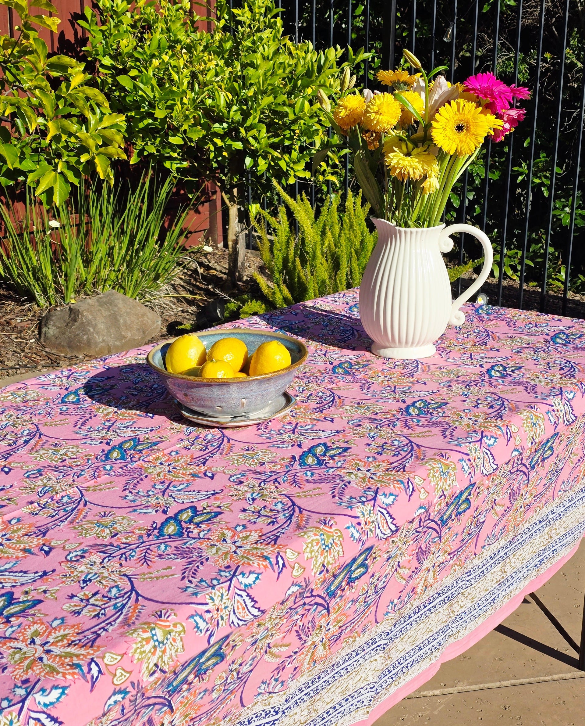 Pink Flower Block Printed Table Cloth - Ohana Earth