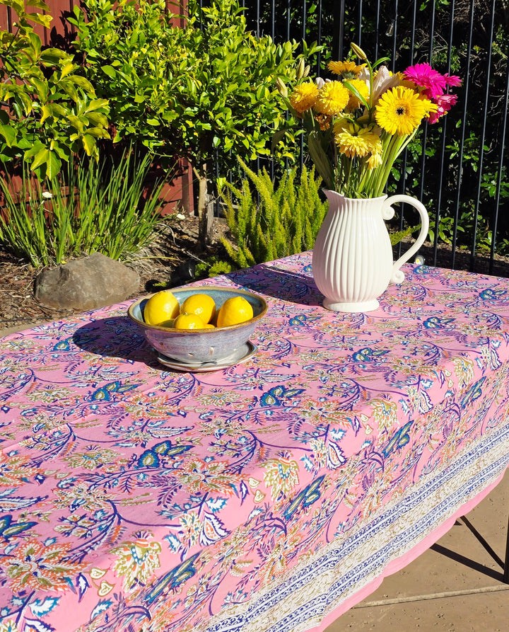 Pink Flower Block Printed Table Cloth - Ohana Earth