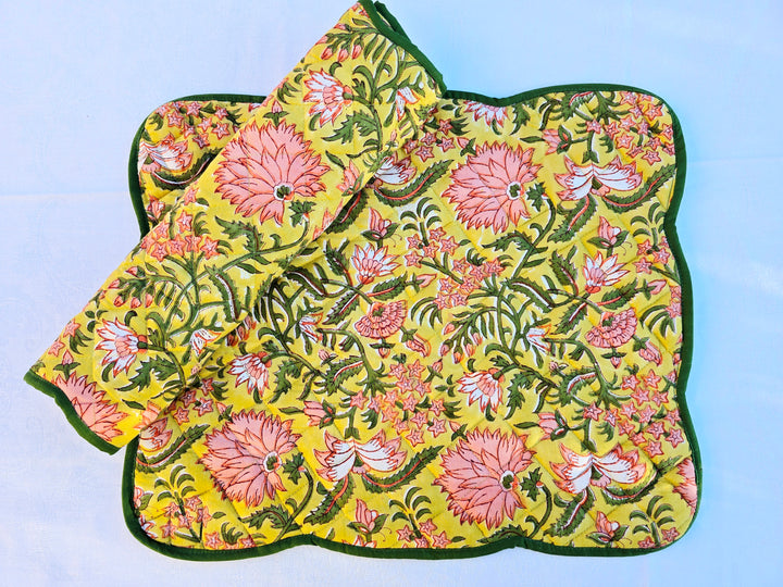Yellow Floral Block Print Cotton Handmade Quilted Placemat - Ohana Earth