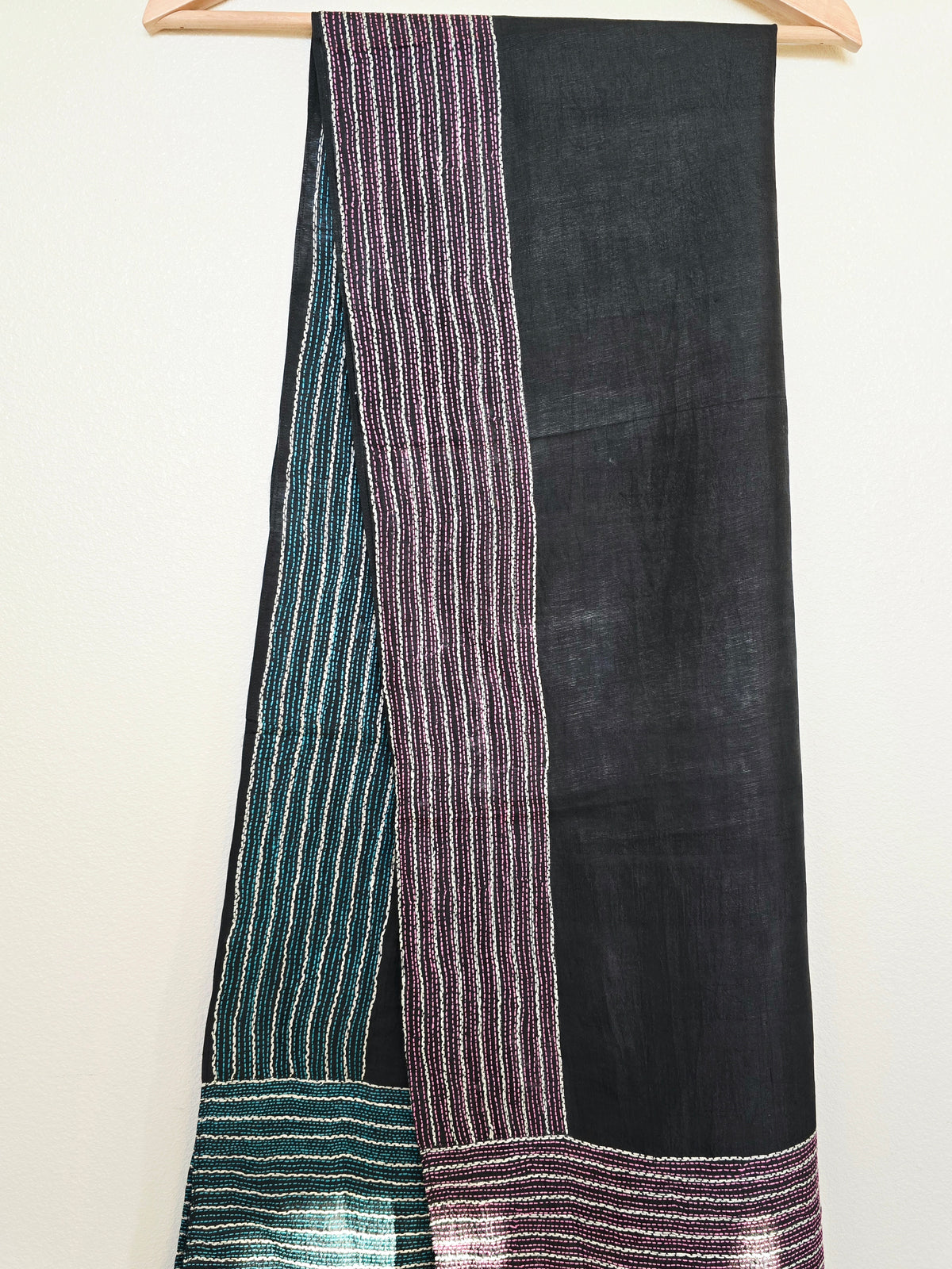 Hand Embroidered Kantha Silk Scarf - Pink Green Border - Ohana Earth