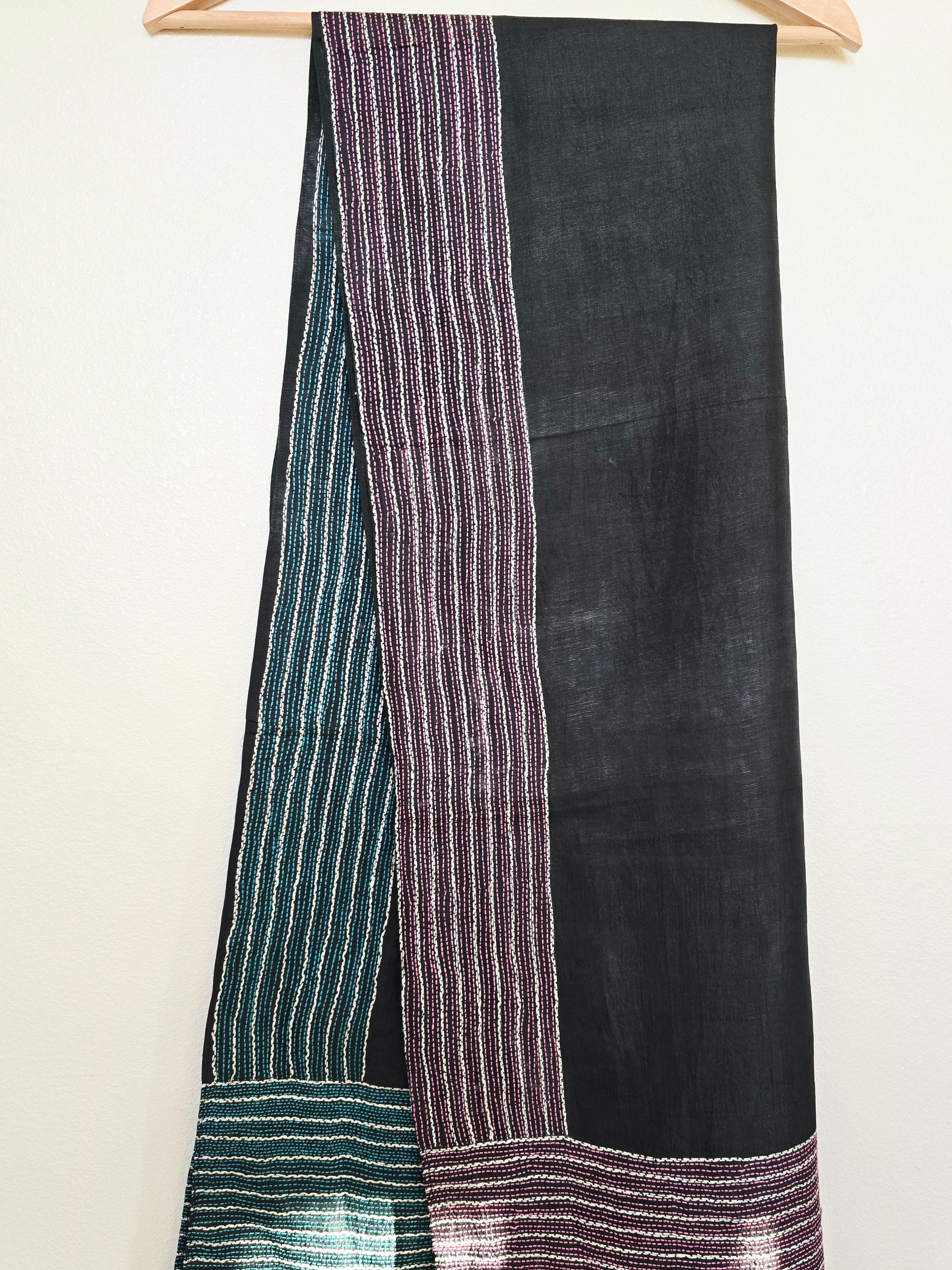 Hand Embroidered Kantha Silk Scarf - Pink Green Border - Ohana Earth
