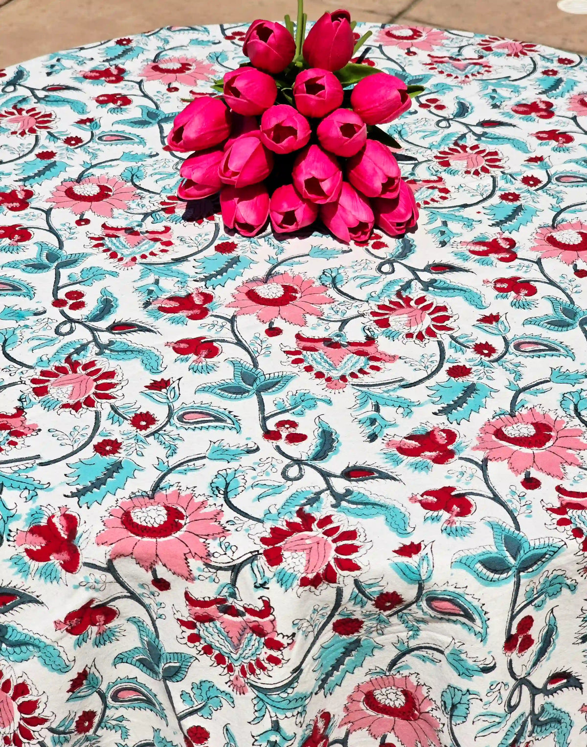 Round Block Print Cotton Tablecloth – White Green Floral Handmade - Ohana Earth