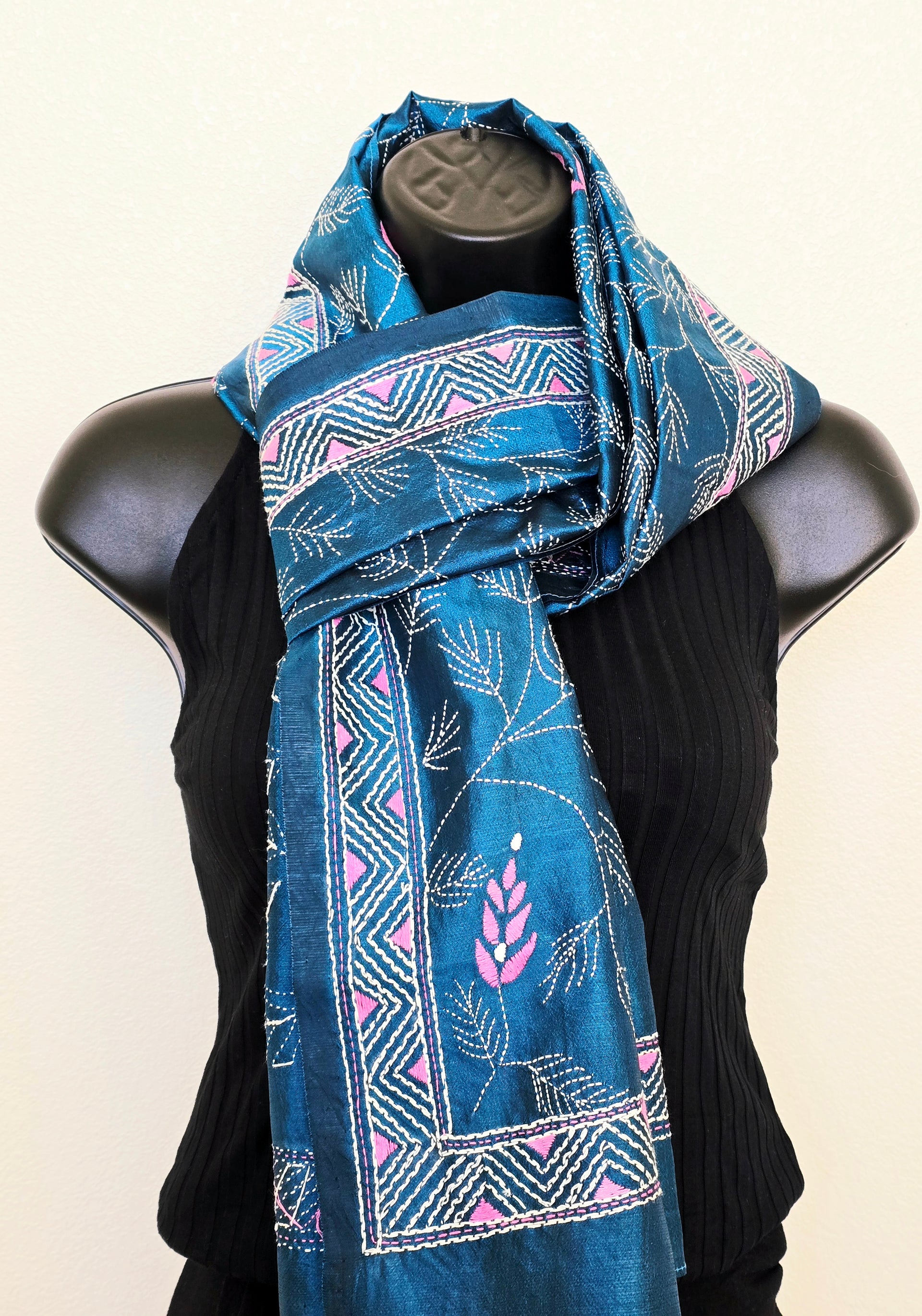 Hand Embroidered Kantha Silk Scarf - Blue Floral Heritage Design - Ohana Earth