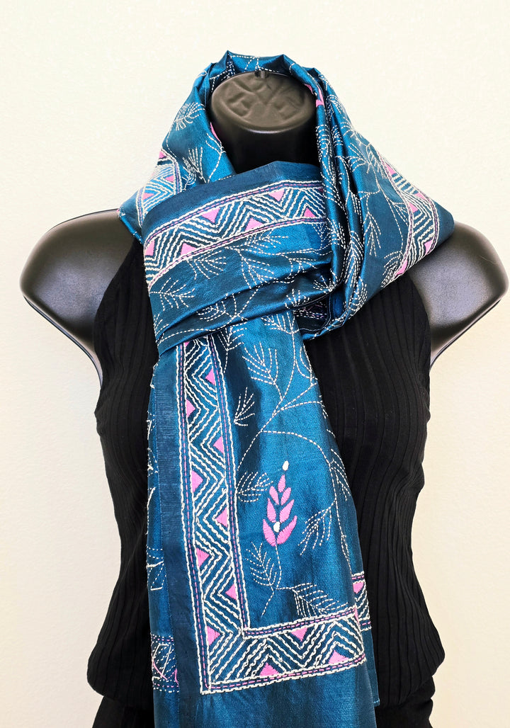 Hand Embroidered Kantha Silk Scarf - Blue Floral Heritage Design - Ohana Earth