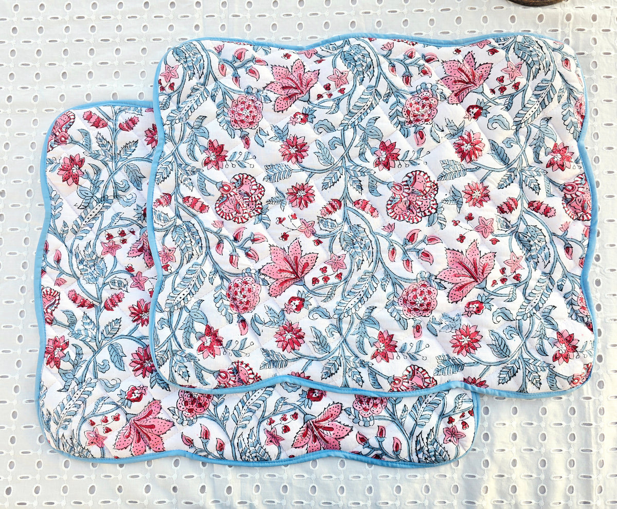 White Floral Cotton Handmade Quilted Placemat with Scalloped Sides - Ohana Earth