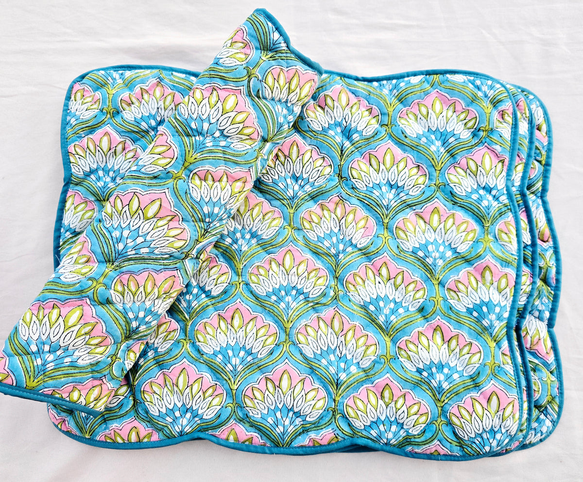 Blue Floral Handmade Cotton Quilted Placemat with Scalloped Sides - Ohana Earth