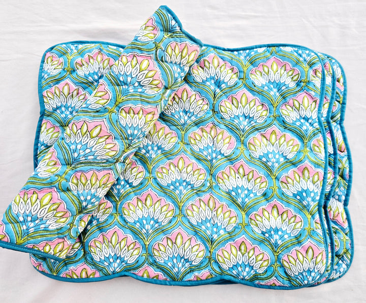 Blue Floral Handmade Cotton Quilted Placemat with Scalloped Sides - Ohana Earth