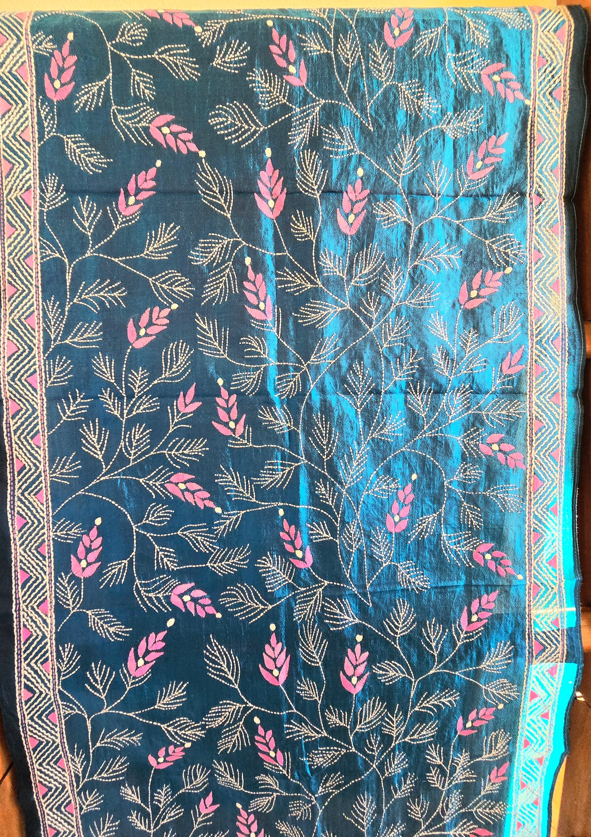 Hand Embroidered Kantha Silk Scarf - Blue Floral Heritage Design - Ohana Earth