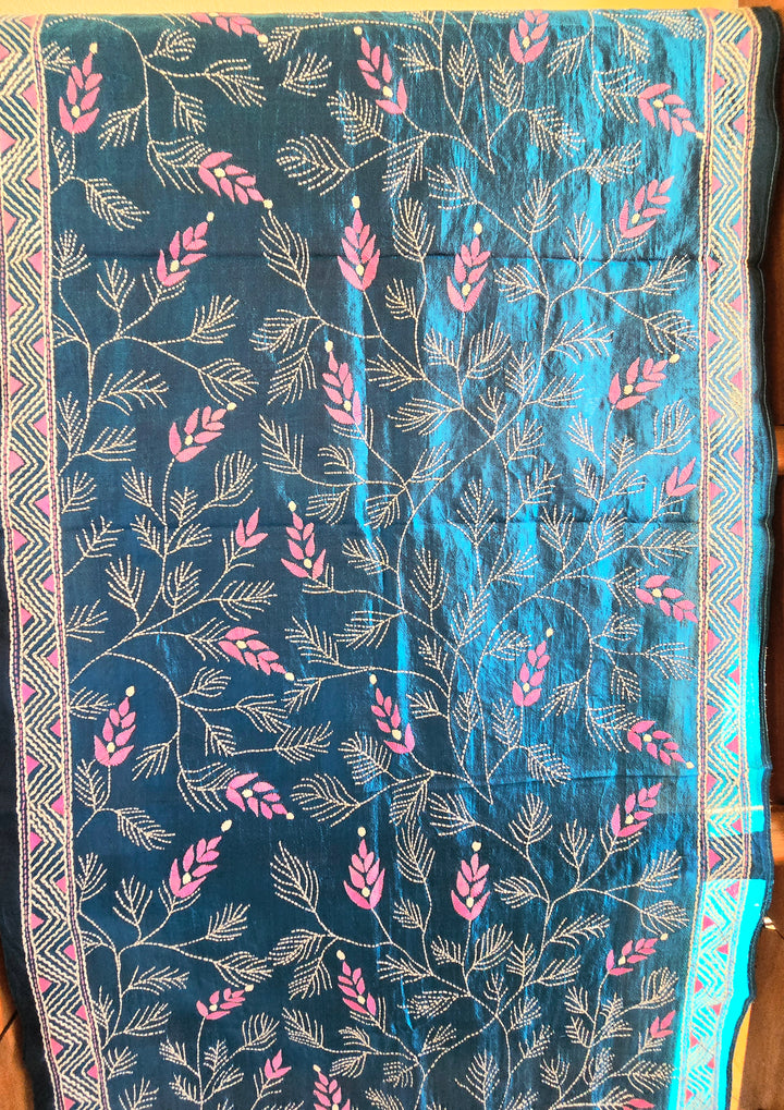 Hand Embroidered Kantha Silk Scarf - Blue Floral Heritage Design - Ohana Earth