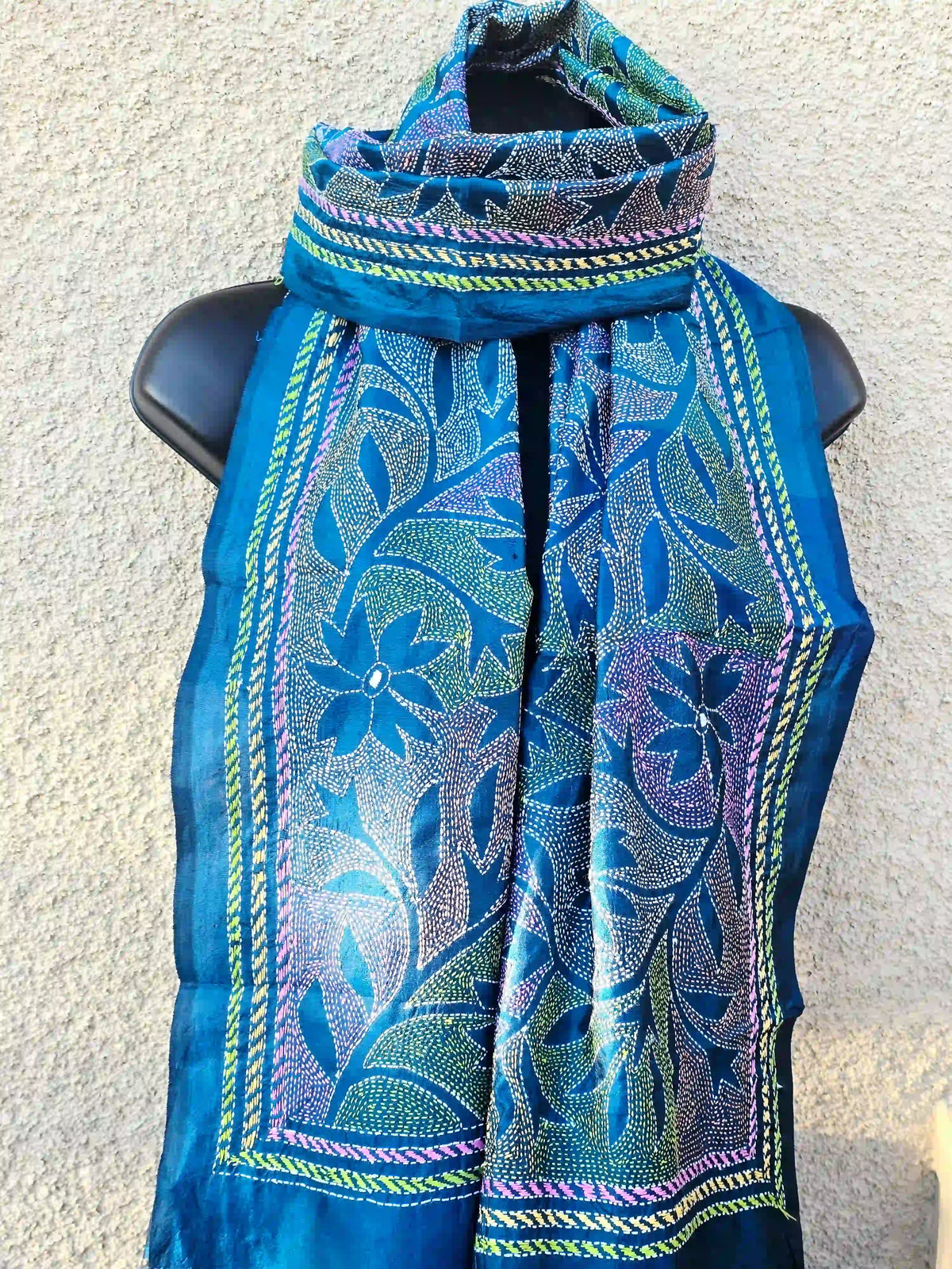 Hand embroidered Blue Kantha Silk Scarf - Ohana Earth