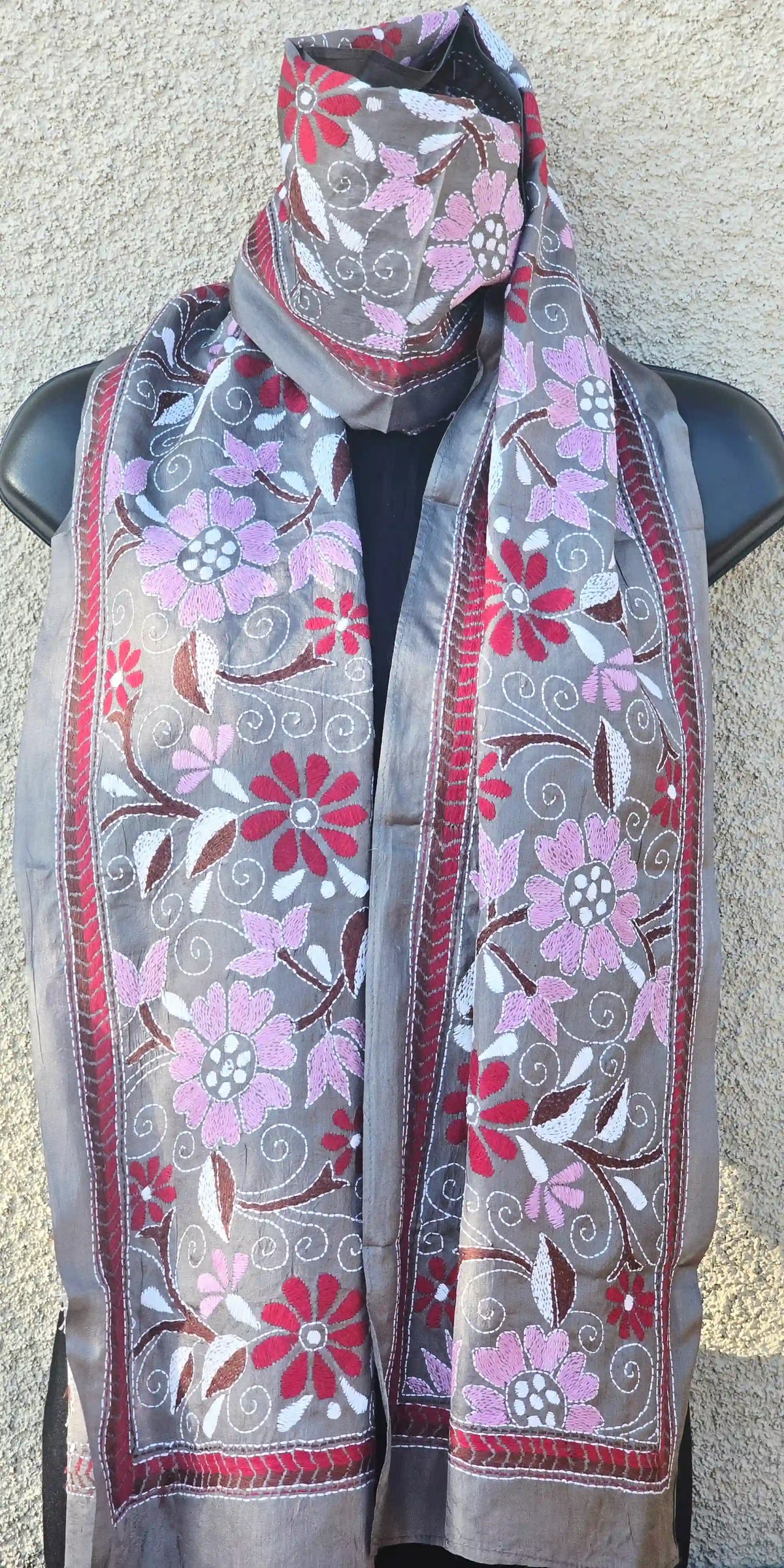 Hand Embroidered Kantha Silk Scarf - Grey Floral Heritage Design - Ohana Earth