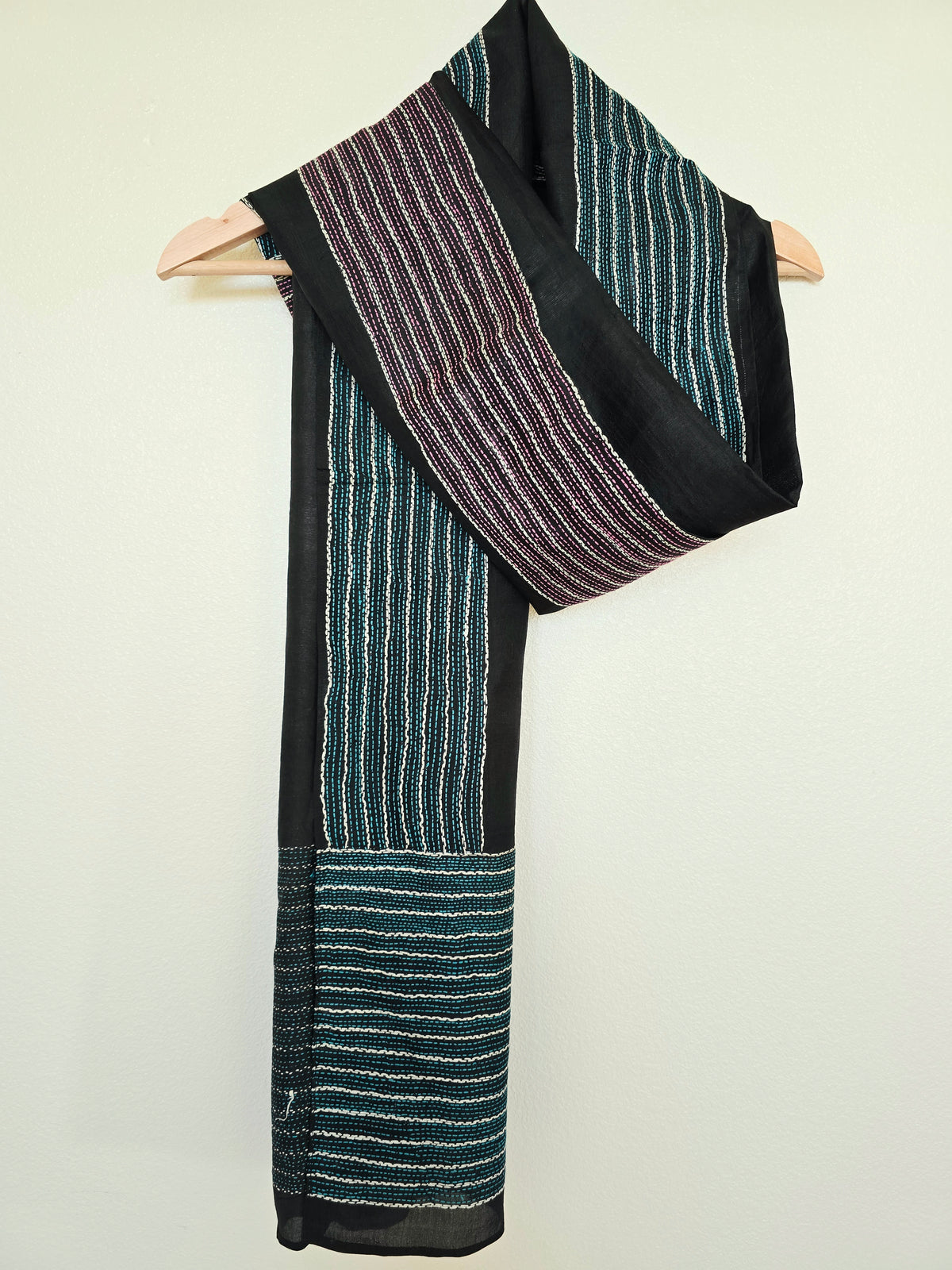 Hand Embroidered Kantha Silk Scarf - Pink Green Border - Ohana Earth