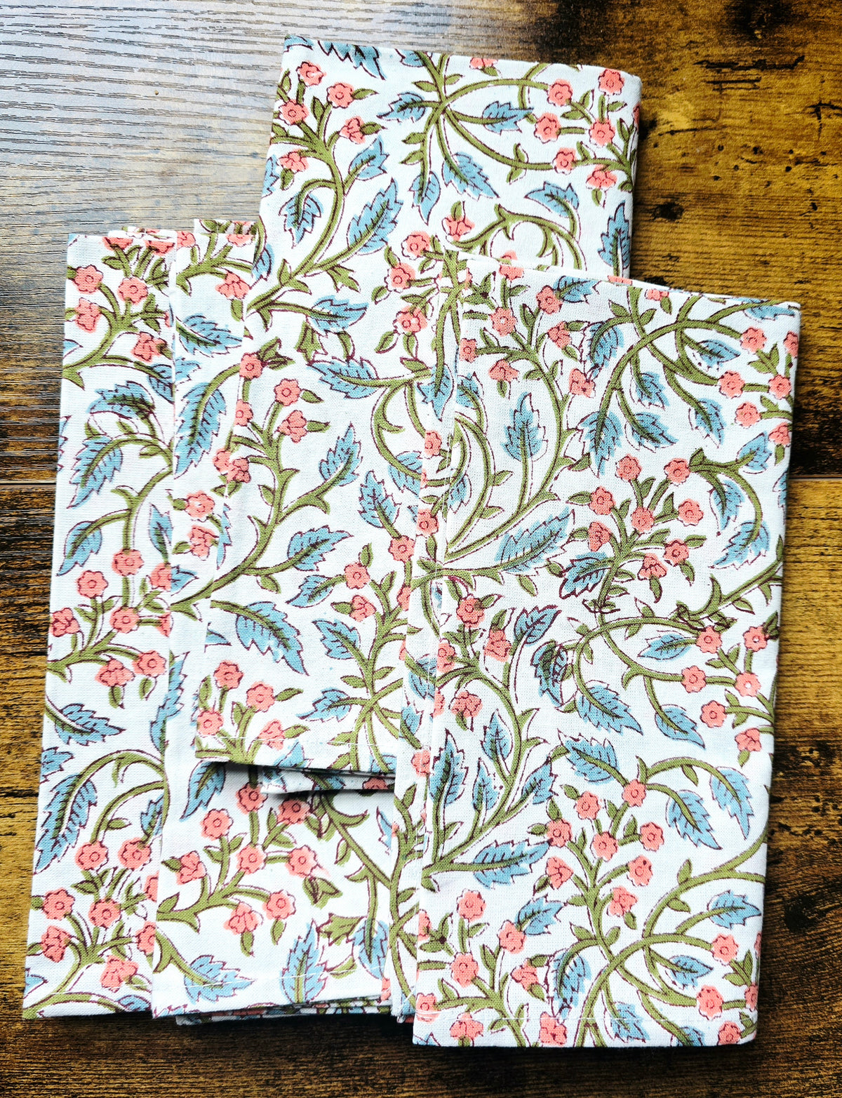 White Floral Block Print Cotton Napkins Set – Handmade Cloth Napkins - Ohana Earth