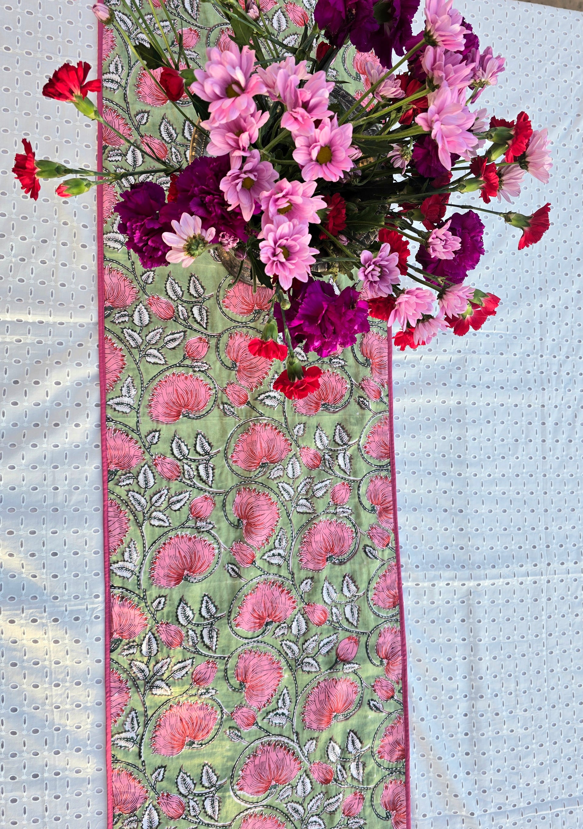 Florens Handmade Kantha Table Runner | Floral Block Print & Sustainable Cotton - Ohana Earth