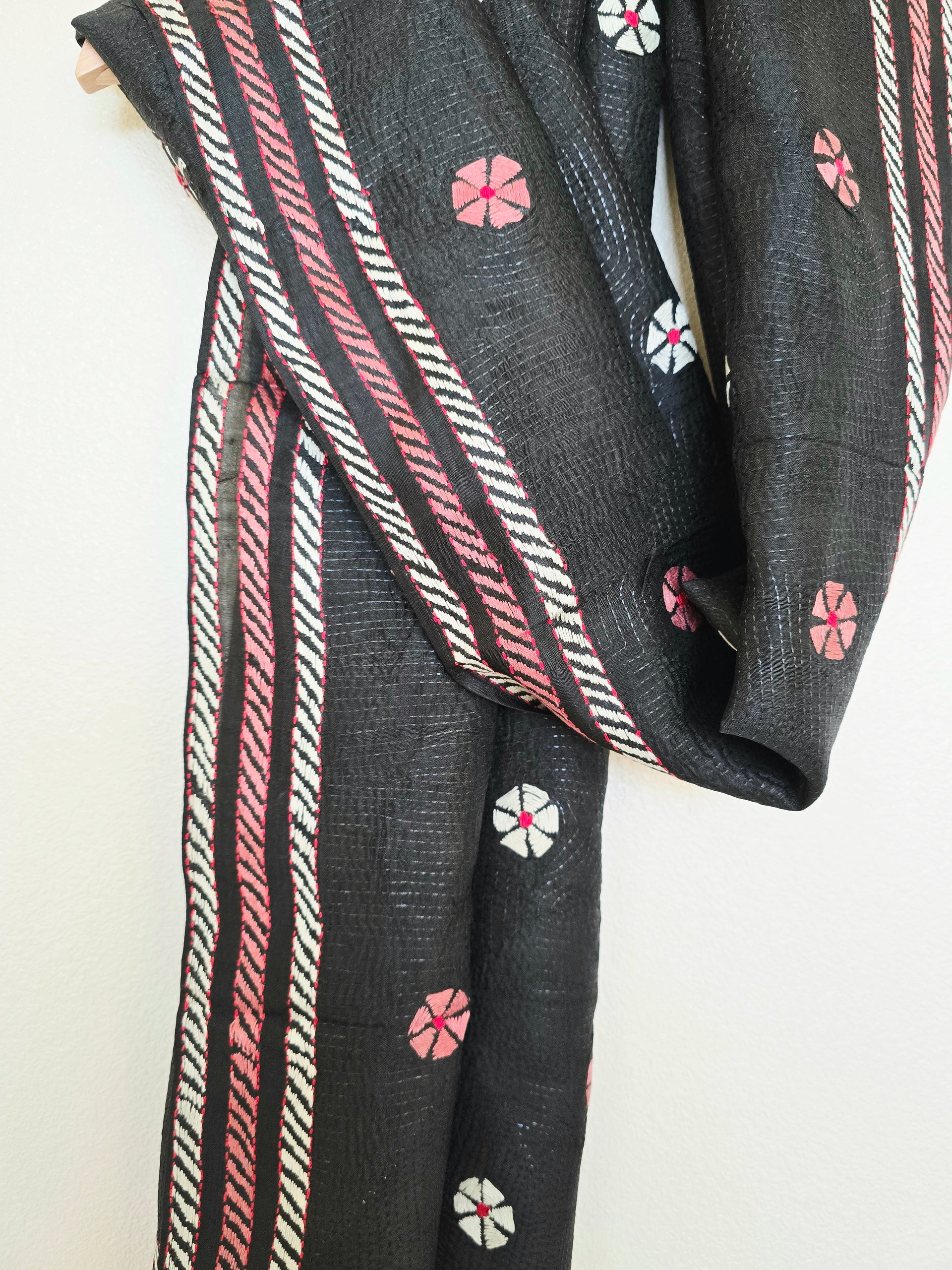 Hand Embroidered Kantha Silk Scarf - Black Pink Floral Design - Ohana Earth