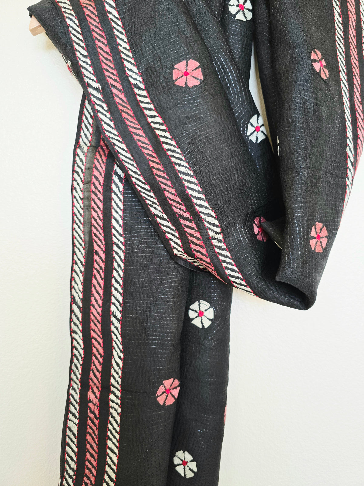 Hand Embroidered Kantha Silk Scarf - Black Pink Floral Design - Ohana Earth