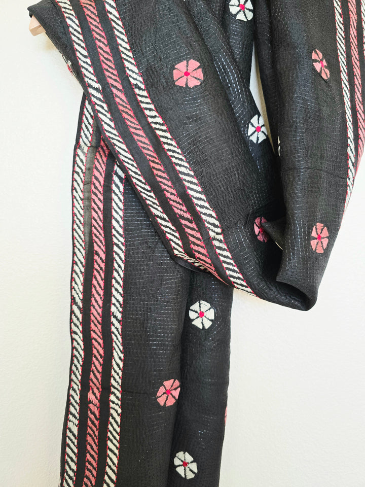 Hand Embroidered Kantha Silk Scarf - Black Pink Floral Design - Ohana Earth