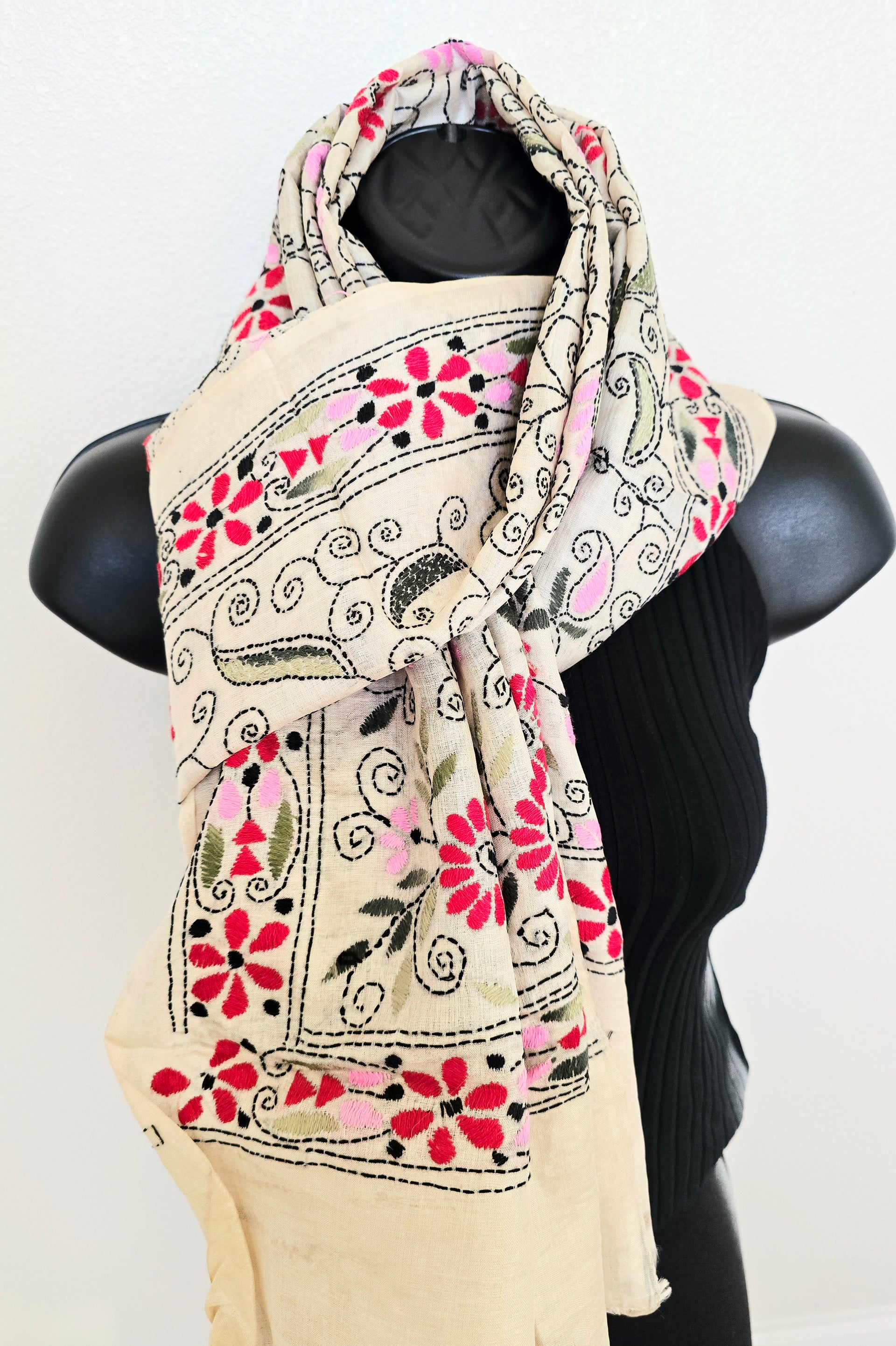 Hand Embroidered Kantha Silk Scarf - Beige and Green Floral Heritage Design - Ohana Earth