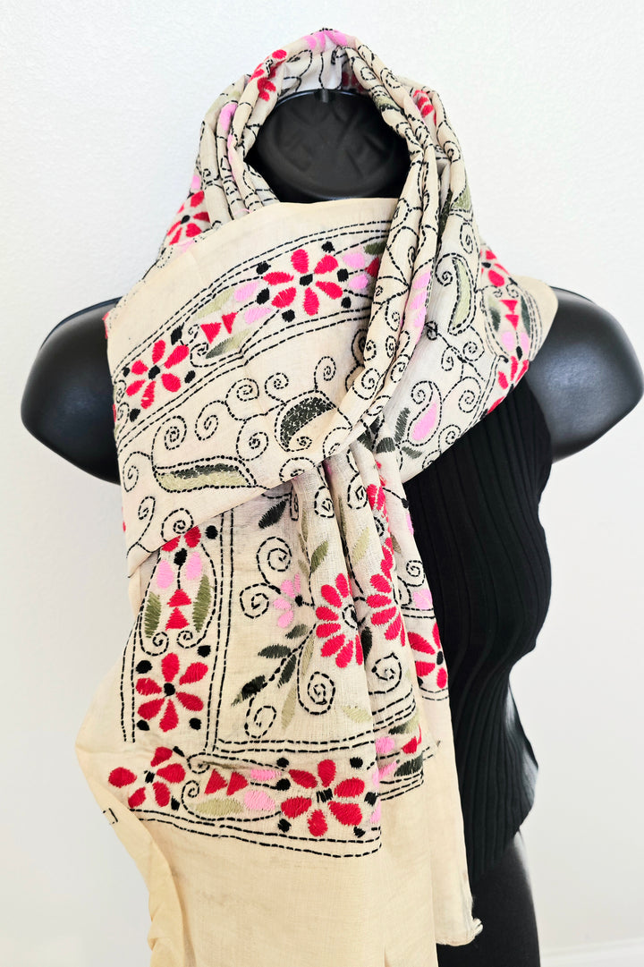 Hand Embroidered Kantha Silk Scarf - Beige and Green Floral Heritage Design - Ohana Earth