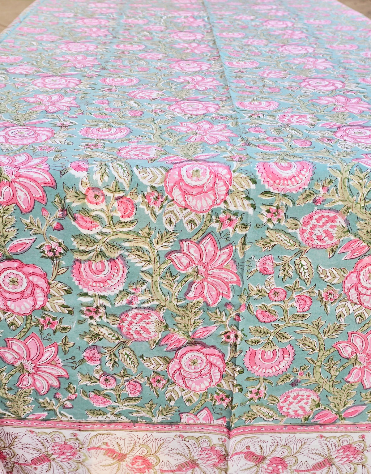 Green Pink Bloom Hand Block Printed Table Cloth - Ohana Earth