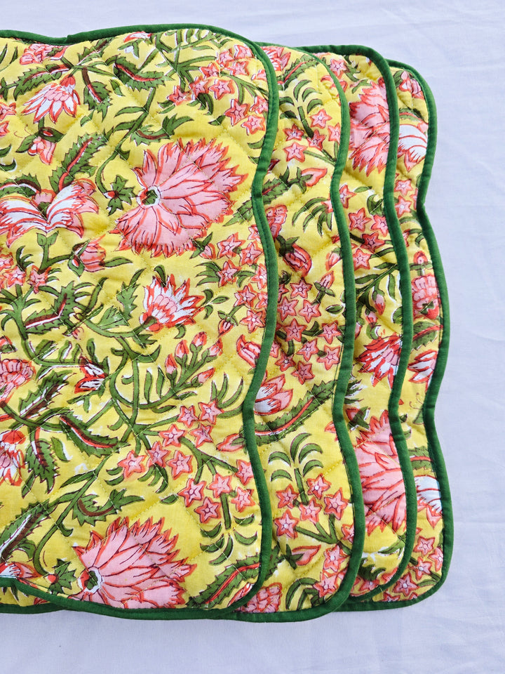 Yellow Floral Block Print Cotton Handmade Quilted Placemat - Ohana Earth