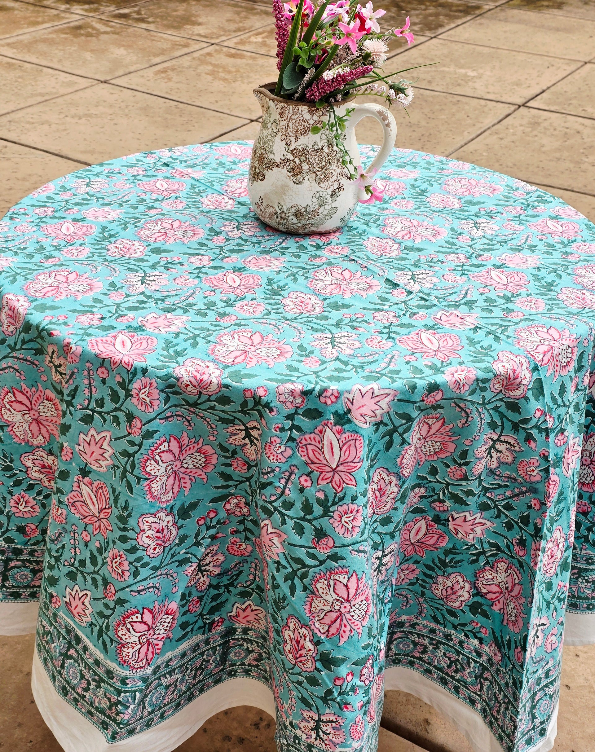 Round Block Print Cotton Table Cloth - Green Floral Handmade - Ohana Earth