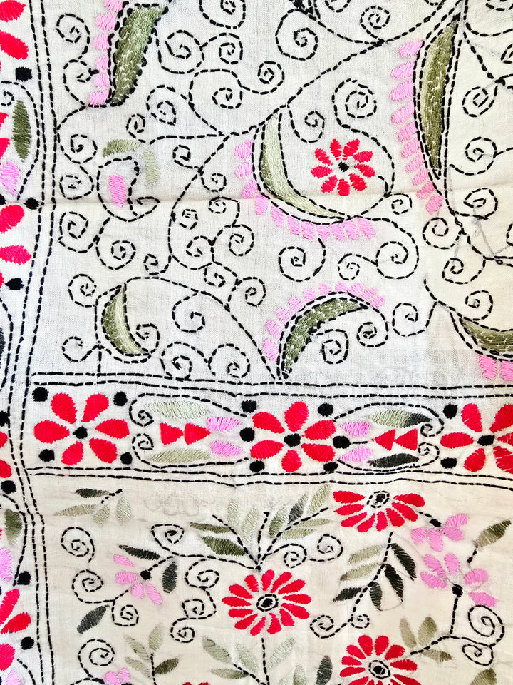 Hand Embroidered Kantha Silk Scarf - Beige and Green Floral Heritage Design - Ohana Earth