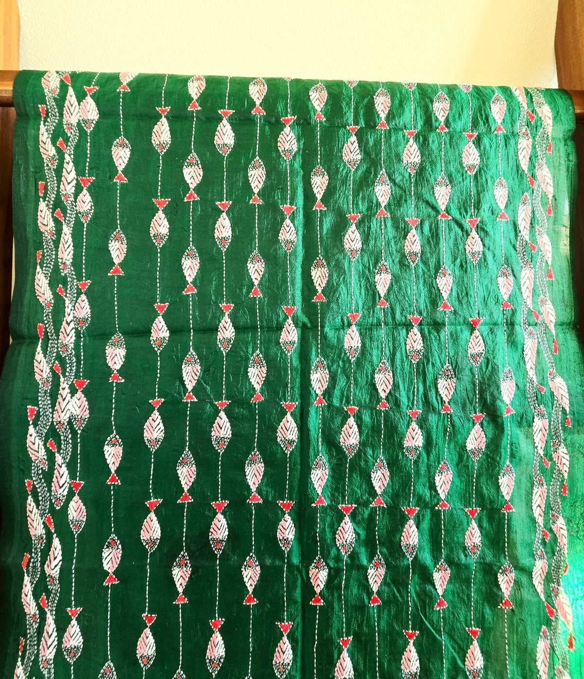 Hand Embroidered Kantha Silk Scarf - Green Fish Heritage Design - Ohana Earth